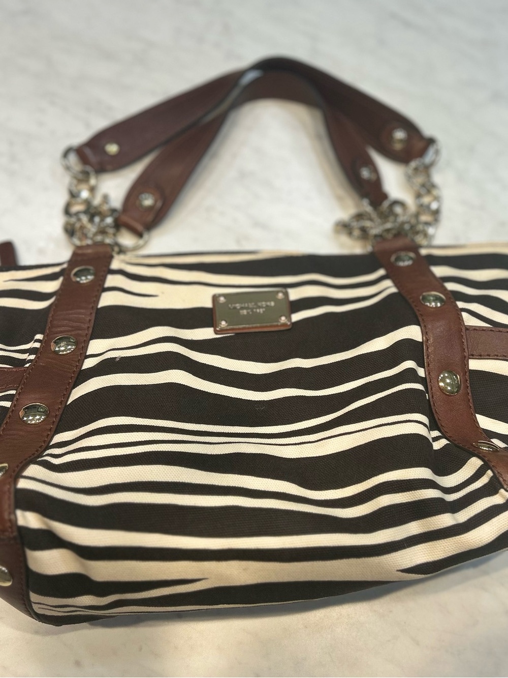 Black Striped Michael Kors Canvas Tote with Brown Leather Trim